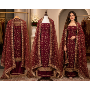 Royal Maroon Chenon Embroidered Unstitched Suit Set Royal Maroon Chenon Embroidered Unstitched Suit Set