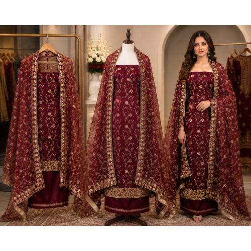Royal Maroon Chenon Embroidered Unstitched Suit Set