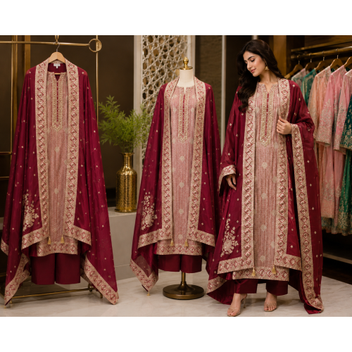 Maroon Heritage Jakhat Banarasi Unstitched Suit Set Maroon Heritage Jakhat Banarasi Unstitched Suit Set