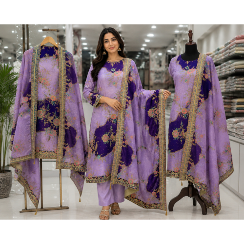 Lavender Royal Bloom Crape Unstitched Suit Set Lavender Royal Bloom Crape Unstitched Suit Set