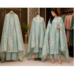 Mint Aura Jamdani Silk Unstitched Suit Set Mint Aura Jamdani Silk Unstitched Suit Set
