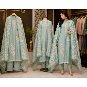 Mint Aura Jamdani Silk Unstitched Suit Set