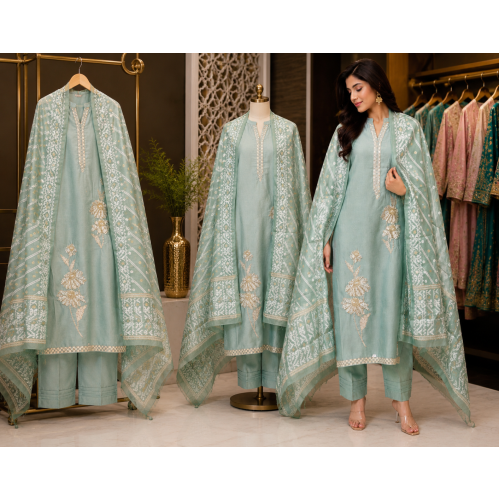 Mint Aura Jamdani Silk Unstitched Suit Set Mint Aura Jamdani Silk Unstitched Suit Set