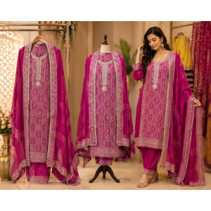 Royal Fuchsia Jakhat Silk Heritage Unstitched Suit Set