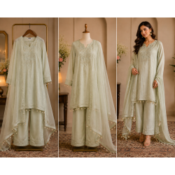Sage Pearl Shimmer Stitched Kameez Pant Set Sage Pearl Shimmer Stitched Kameez Pant Set