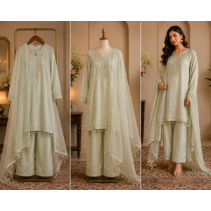 Sage Pearl Shimmer Stitched Kameez Pant Set Sage Pearl Shimmer Stitched Kameez Pant Set