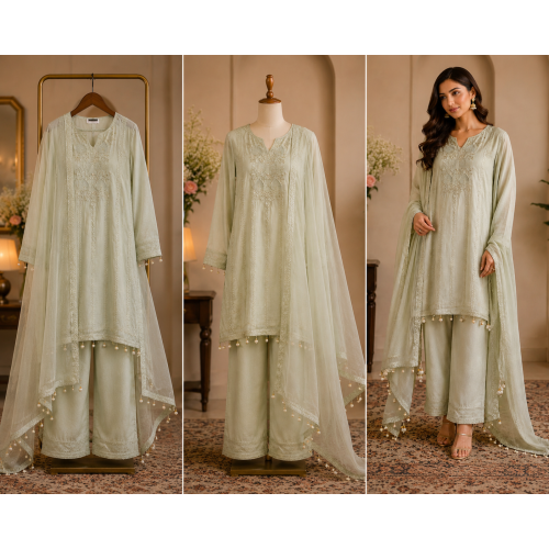 Sage Pearl Shimmer Stitched Kameez Pant Set Sage Pearl Shimmer Stitched Kameez Pant Set