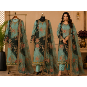 Aqua Noir Floral Elegance Unstitched Crape Suit Set