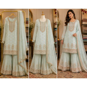 Mint Pearl Elegance Stitched Chenon Sharara Suit Set Mint Pearl Elegance Stitched Chenon Sharara Suit Set