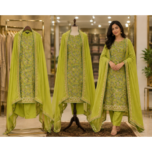 Pistachio Bloom Designer Crape Unstitched Suit Set