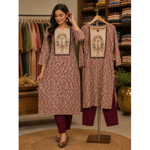 Royal Mehroon Peacock Cotton Stitched Suit Set Royal Mehroon Peacock Cotton Stitched Suit Set
