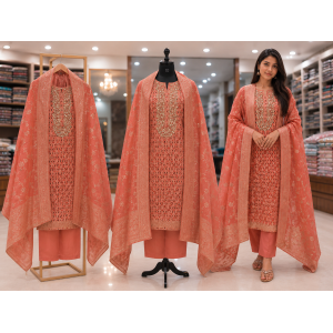 Peach Royale Banarasi Elegance Unstitched Suit Set Peach Royale Banarasi Elegance Unstitched Suit Set