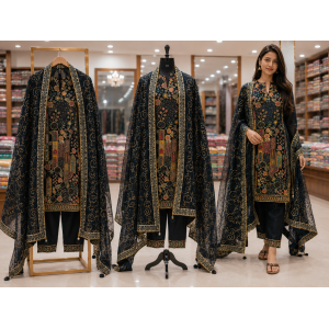 Midnight Regal Embroidered Crape Unstitched Suit Set