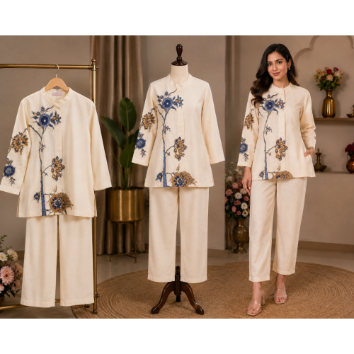 Ivory Blossom Cotton Stitched Co-Ord Set Ivory Blossom Cotton Stitched Co-Ord Set