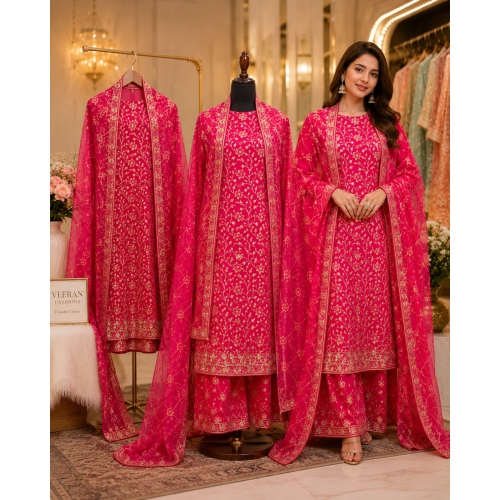 Royal Crimson Heritage Magenta Crape Unstitched Suit Set Royal Crimson Heritage Magenta Crape Unstitched Suit Set