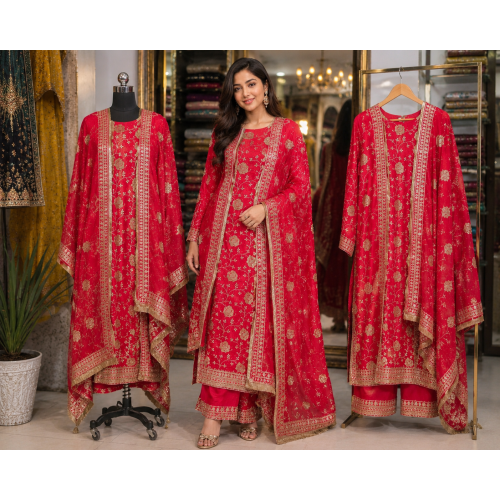Royal Crimson Heritage Red Crape Unstitched Suit Set Royal Crimson Heritage Red Crape Unstitched Suit Set