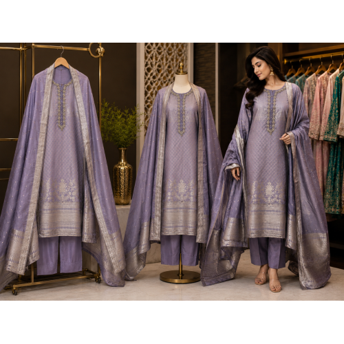 Lavender Silver Banarasi Jakhat Suit Set