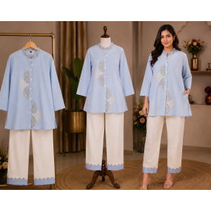 Sky Blue Elegance Cotton Stitched Co-Ord Set