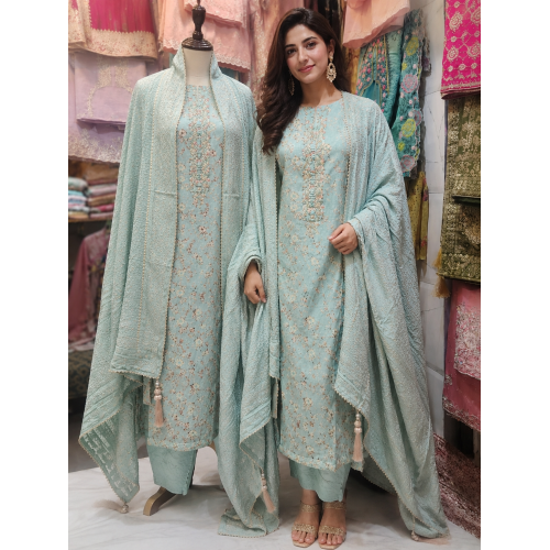 Mint Blossom Maslin Unstitched Suit Set