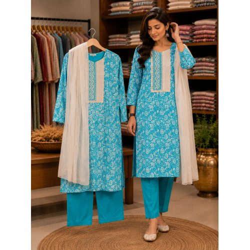 Aqua Bloom Cotton Stitched Suit Set Aqua Bloom Cotton Stitched Suit Set