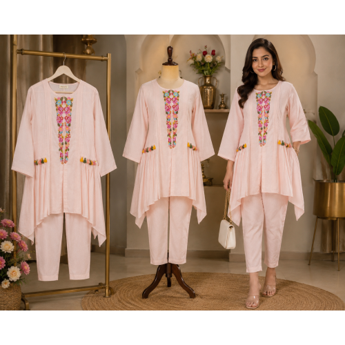 Blush Bloom Embroidered Mal Cotton Stitched Co-Ord Set