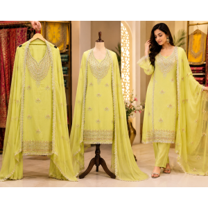 Lemon Glow Crush Shimmer Unstitched Suit Set