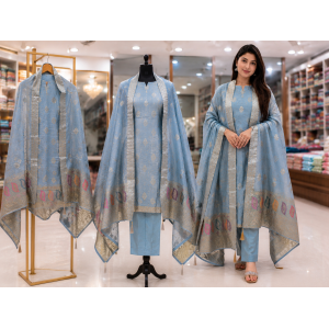 Sky Blue Banarasi Shimmer Elegance Unstitched Suit Set