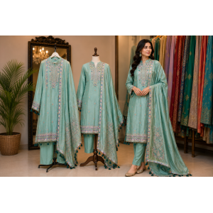 Mint Celeste Shimmer Designer Unstitched Suit Set