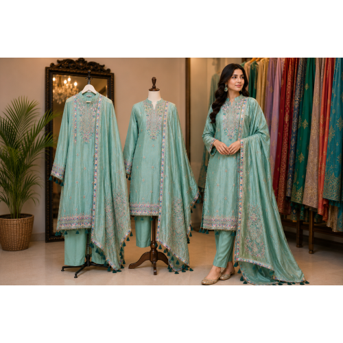 Mint Celeste Shimmer Designer Unstitched Suit Set Mint Celeste Shimmer Designer Unstitched Suit Set