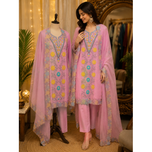 Blush Rose Mal Chanderi Floral Elegance Unstitched Suit Set Blush Rose Mal Chanderi Floral Elegance Unstitched Suit Set