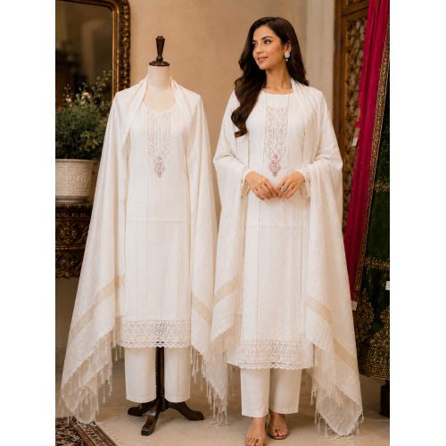 Ivory Grace Jamdani Cotton Unstitched Suit Set Ivory Grace Jamdani Cotton Unstitched Suit Set