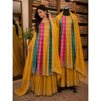 Mustard Majesty Tricolor Chenon Short Anarkali Sharara Set Mustard Majesty Tricolor Chenon Short Anarkali Sharara Set