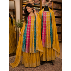 Mustard Majesty Tricolor Chenon Short Anarkali Sharara Set