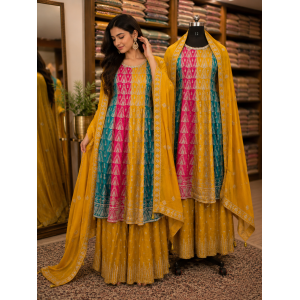 Mustard Majesty Tricolor Chenon Short Anarkali Sharara Set Mustard Majesty Tricolor Chenon Short Anarkali Sharara Set