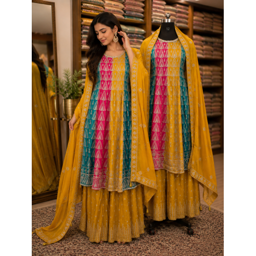 Mustard Majesty Tricolor Chenon Short Anarkali Sharara Set Mustard Majesty Tricolor Chenon Short Anarkali Sharara Set
