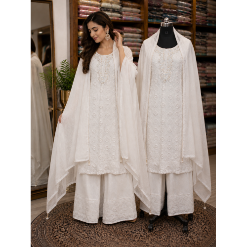 Noor-e-Lucknow White Georgette Stitched Salwar Kameez Set Noor-e-Lucknow White Georgette Stitched Salwar Kameez Set