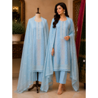 Sky Blue Elegance Cotton Unstitched Suit Set Sky Blue Elegance Cotton Unstitched Suit Set