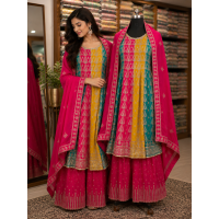 Rani Pink Chenon Stitched Short Anarkali Sharara Set Rani Pink Chenon Stitched Short Anarkali Sharara Set