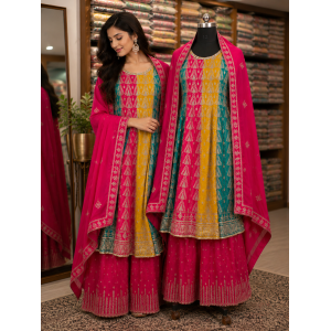 Rani Pink Chenon Stitched Short Anarkali Sharara Set