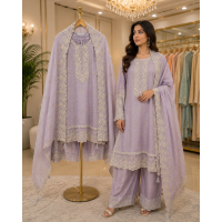 Premium Lavender Cotton Kameez with Farshi Salwar & Cutwork Embroidered Border Stitched Suit