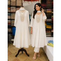 Elegant Ivory White Cotton Frock Style Stitched Suit with Zari Embroidery