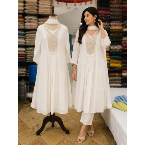 Elegant Ivory White Cotton Frock Style Stitched Suit with Zari Embroidery