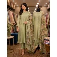 Elegant Olive Green Banarasi Stitched Kameez Pants Set with Printed Fancy Dupatta