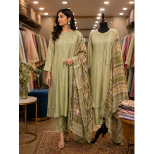 Elegant Olive Green Banarasi Stitched Kameez Pants Set with Printed Fancy Dupatta