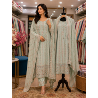 Luxury Pastel Mint Green Georgette Stitched Sharara Kameez Set with Delicate Mirror & Zari Work