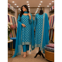 Royal Peacock Blue Banarasi Stitched Kameez Pants Set with Golden Zari Booti Weaving & Fancy Dupatta