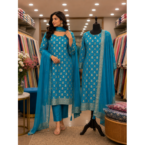 Royal Peacock Blue Banarasi Stitched Kameez Pants Set with Golden Zari Booti Weaving & Fancy Dupatta Royal Peacock Blue Banarasi Stitched Kameez Pants Set with Golden Zari Booti Weaving & Fancy Dupatta