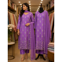 Elegant Purple Pure Fabric Stitched Kameez Pants Set with Intricate Handwork & Fancy Dupatta
