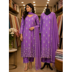 Elegant Purple Pure Fabric Stitched Kameez Pants Set with Intricate Handwork & Fancy Dupatta