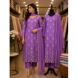 Elegant Purple Pure Fabric Stitched Kameez Pants Set with Intricate Handwork & Fancy Dupatta